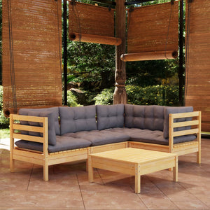 vidaXL 5 Piece Patio Lounge Set with Cream Cushions Pinewood-4