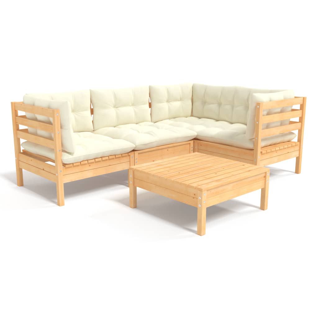 vidaXL 5 Piece Patio Lounge Set with Cream Cushions Pinewood-1