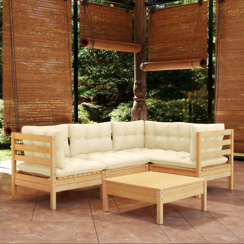 vidaXL 5 Piece Patio Lounge Set with Cream Cushions Pinewood-8