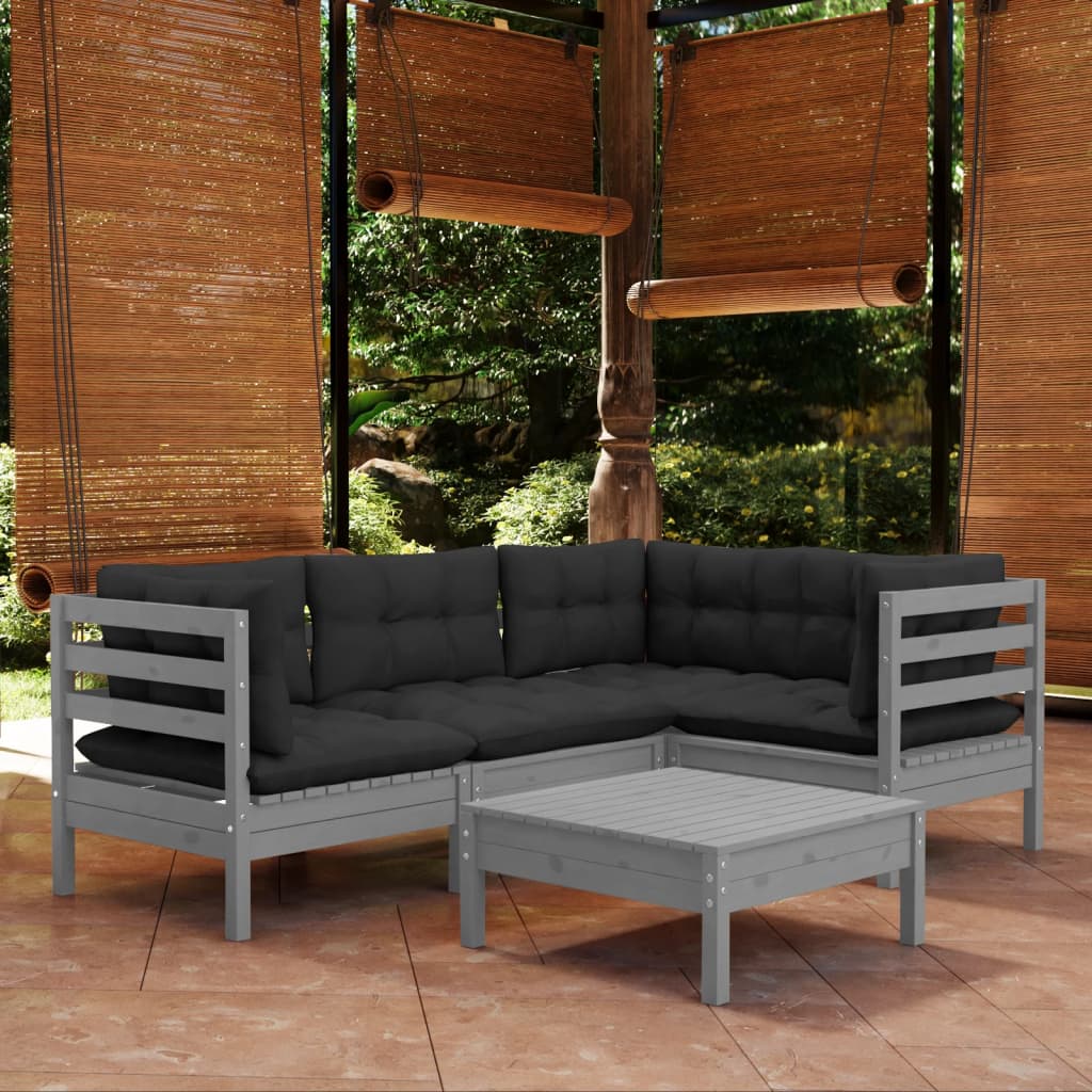 vidaXL 5 Piece Patio Lounge Set with Cream Cushions Pinewood-12