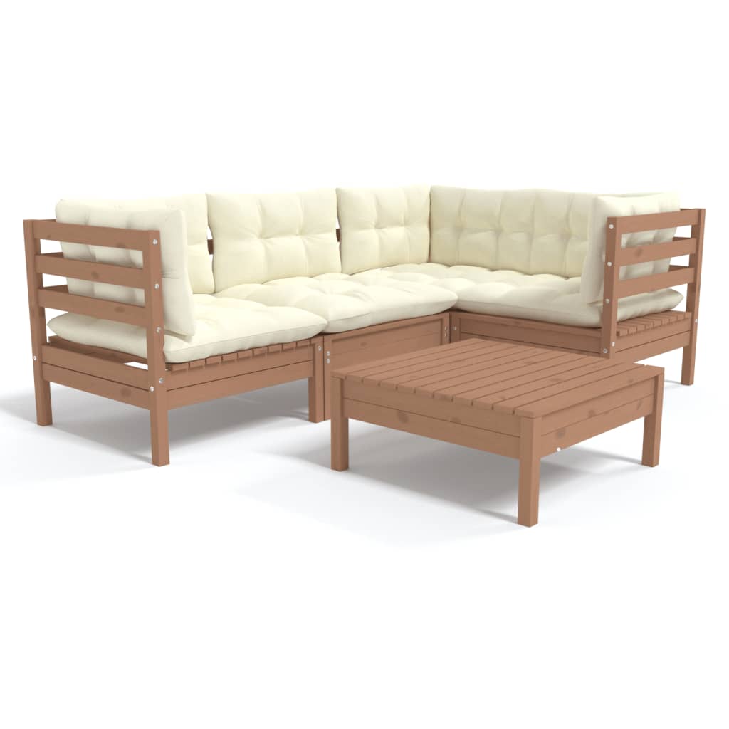 vidaXL 5 Piece Patio Lounge Set with Cream Cushions Pinewood-6