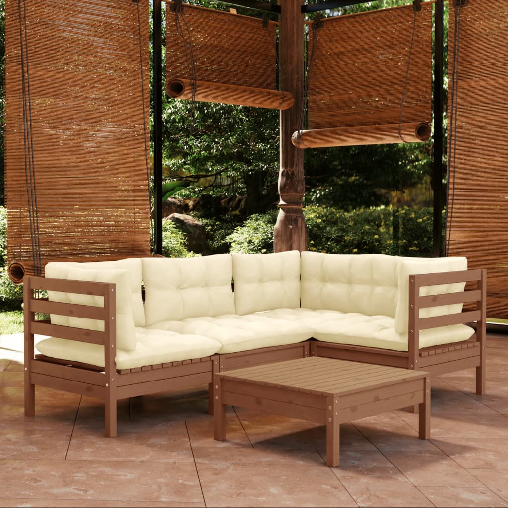 vidaXL 5 Piece Patio Lounge Set with Cream Cushions Pinewood-9