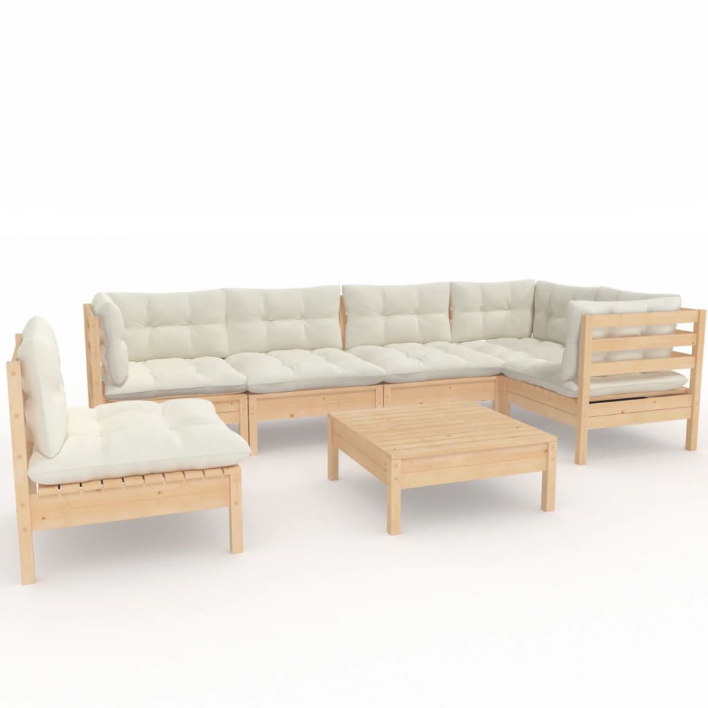 vidaXL 7 Piece Patio Lounge Set with Cream Cushions Pinewood-0