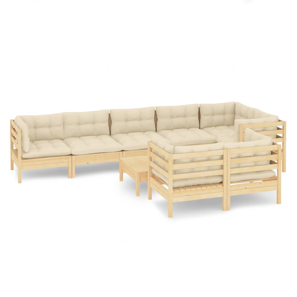 vidaXL 9 Piece Patio Lounge Set with Cream Cushions Solid Pinewood-4