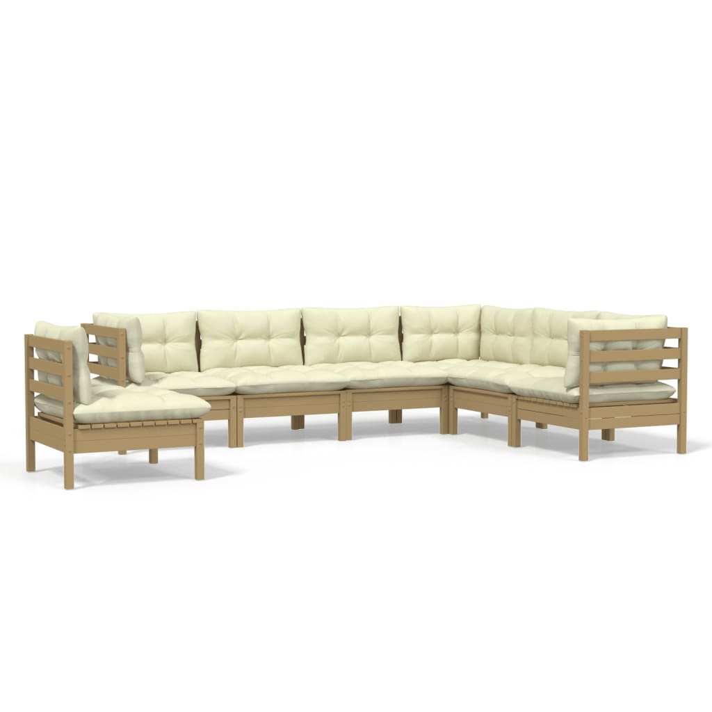 vidaXL 7 Piece Patio Lounge Set with Cream Cushions Solid Pinewood-0