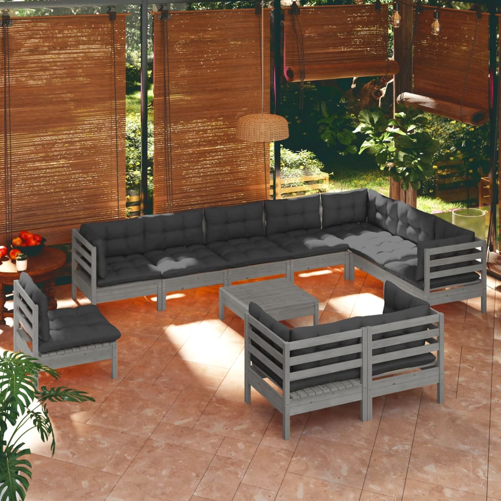 vidaXL Solid Pinewood Patio Lounge Set 11 Piece with Cushions Multi Colors-22