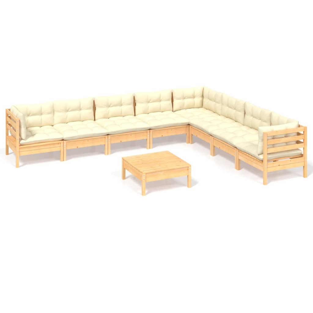 vidaXL 9 Piece Patio Lounge Set with Cream Cushions Solid Pinewood-7