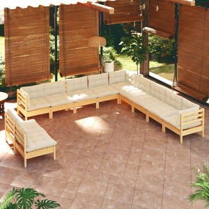 vidaXL 11 Piece Patio Lounge Set with Cream Cushions Solid Pinewood-15