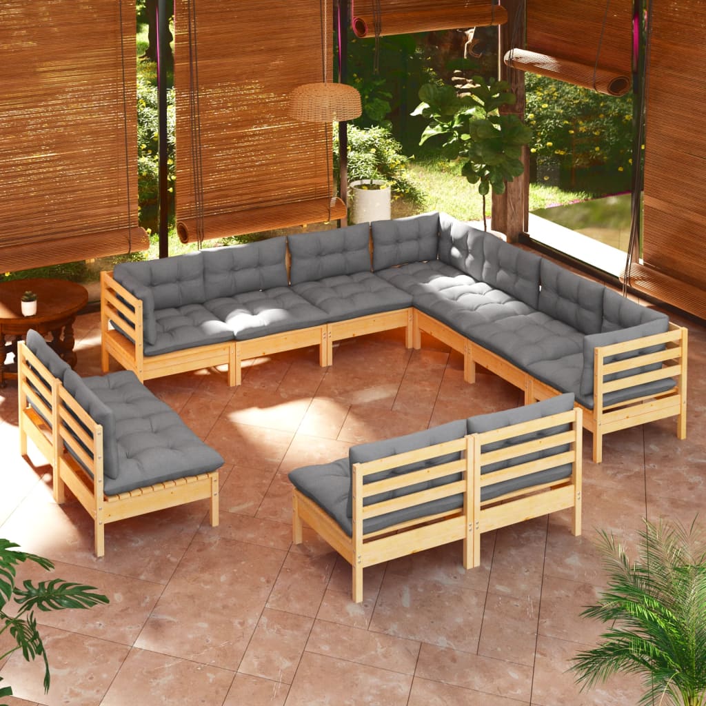 vidaXL 11 Piece Patio Lounge Set with Cream Cushions Solid Pinewood-8