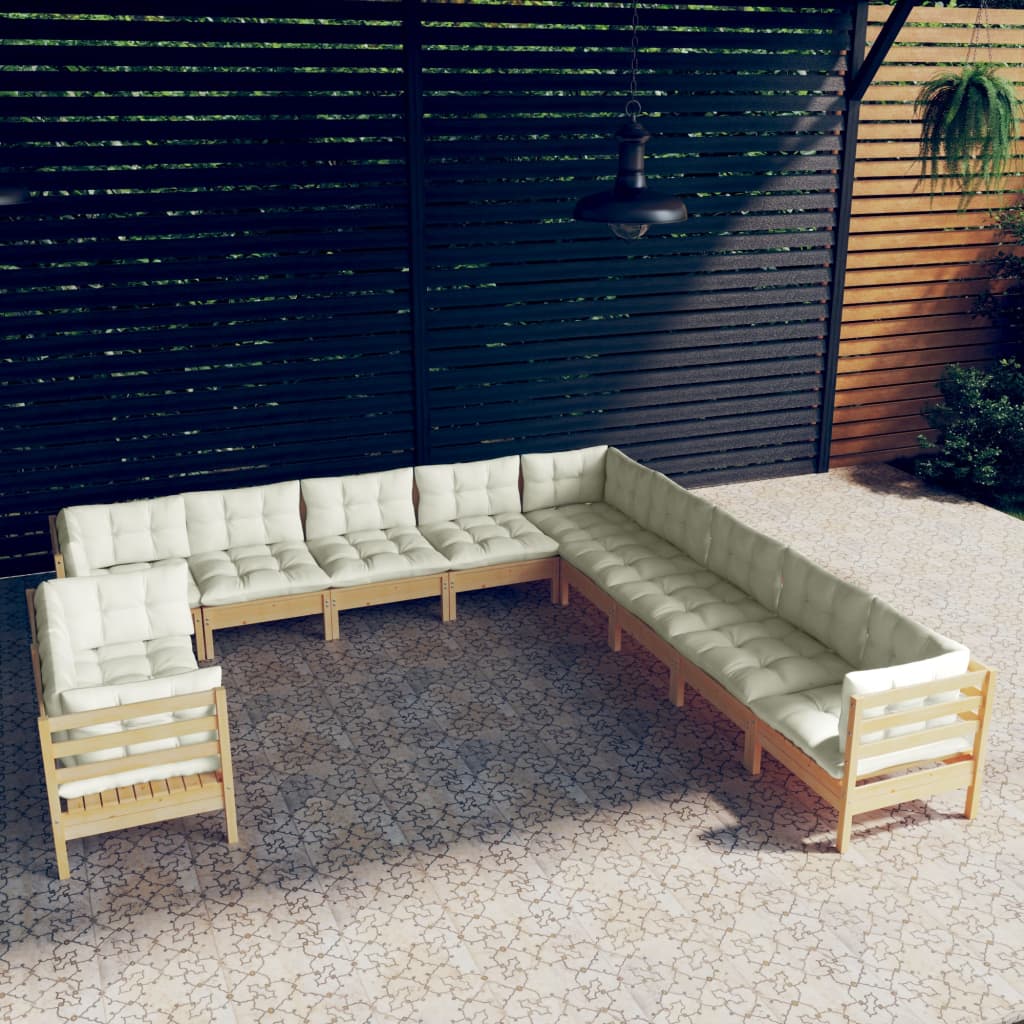 vidaXL 11 Piece Patio Lounge Set with Cream Cushions Solid Pinewood-4