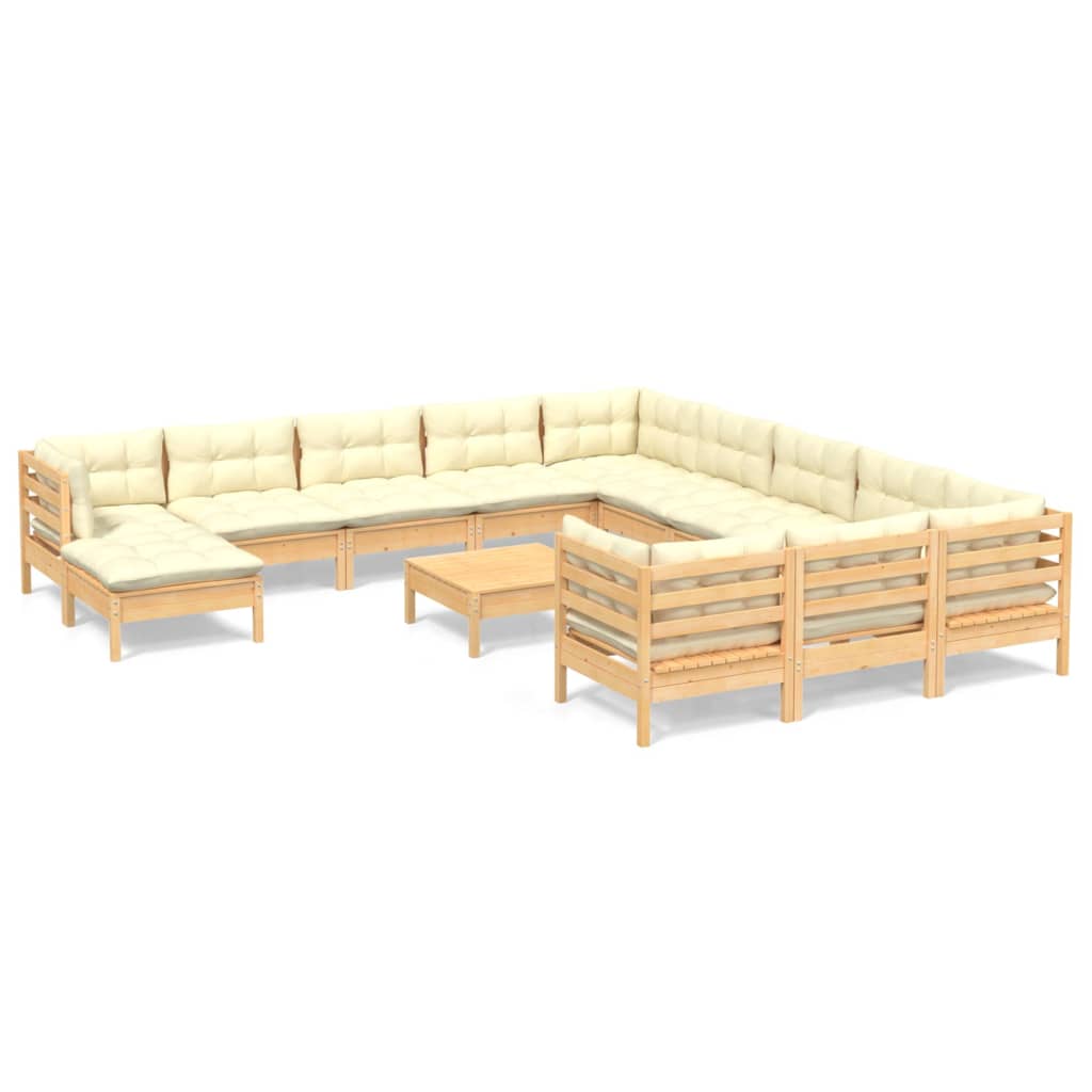 vidaXL 13 Piece Patio Lounge Set with Cream Cushions Pinewood-14