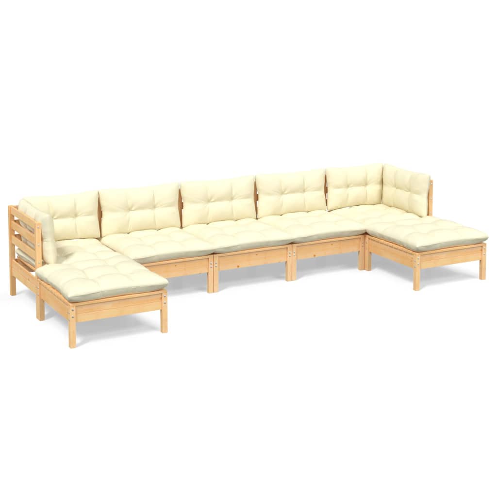 vidaXL 7 Piece Patio Lounge Set with Cream Cushions Pinewood-4