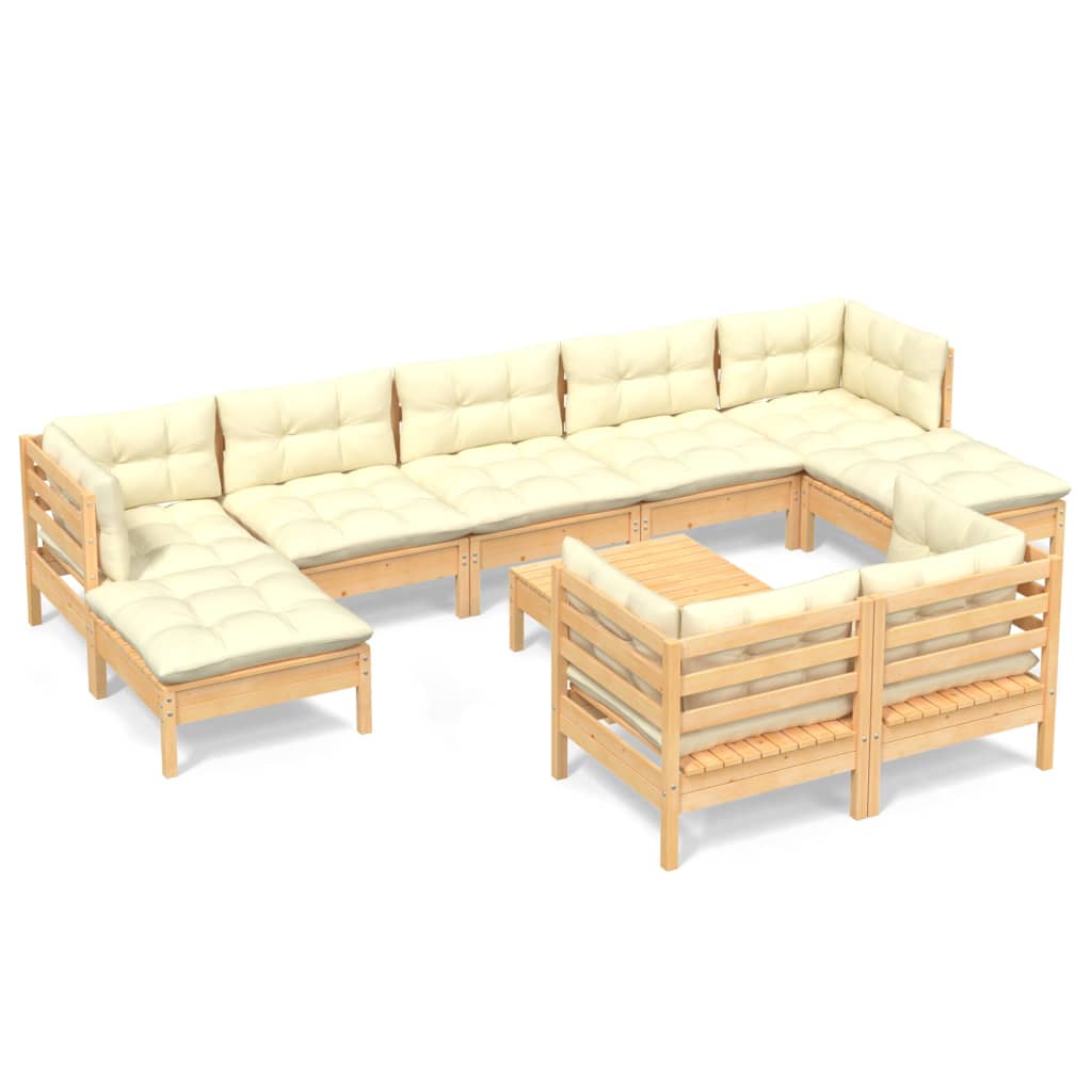 vidaXL 10 Piece Patio Lounge Set with Cream Cushions Solid Pinewood-1