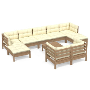 vidaXL 10 Piece Patio Lounge Set with Cream Cushions Solid Pinewood-11