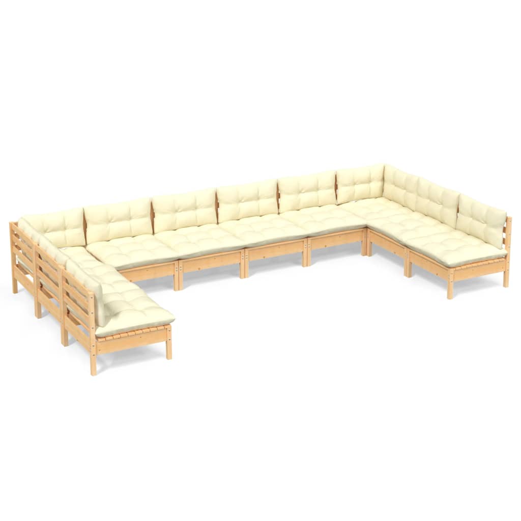 vidaXL 10 Piece Patio Lounge Set with Cream Cushions Solid Pinewood-14