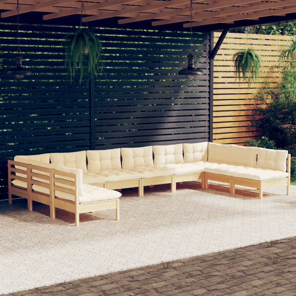 vidaXL 10 Piece Patio Lounge Set with Cream Cushions Solid Pinewood-16