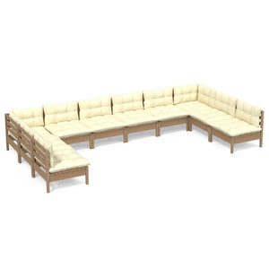 vidaXL 10 Piece Patio Lounge Set with Cream Cushions Solid Pinewood-0