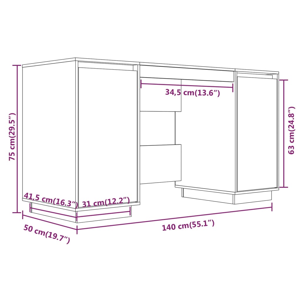 vidaXL Desk Computer Desk with Storage Cabinet for Home Office Solid Wood Pine-24