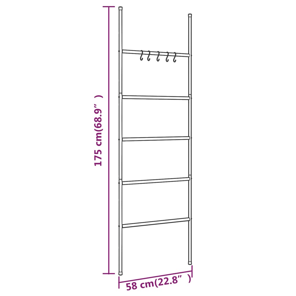 vidaXL Towel Rack Ladder with 5 Tiers Black 22.8"x68.9" Iron-4