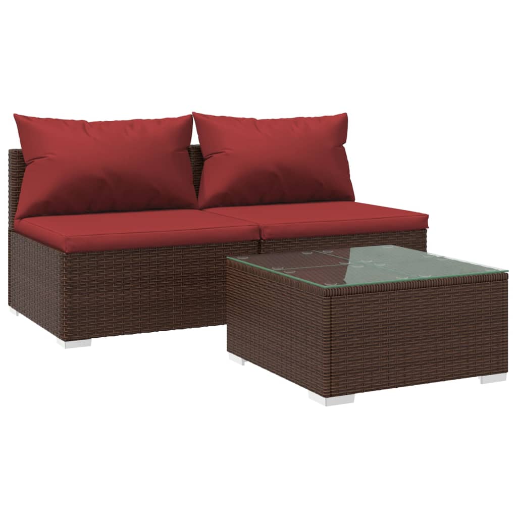 vidaXL Patio Furniture Set 3 Piece with Cushions Poly Rattan Brown-0