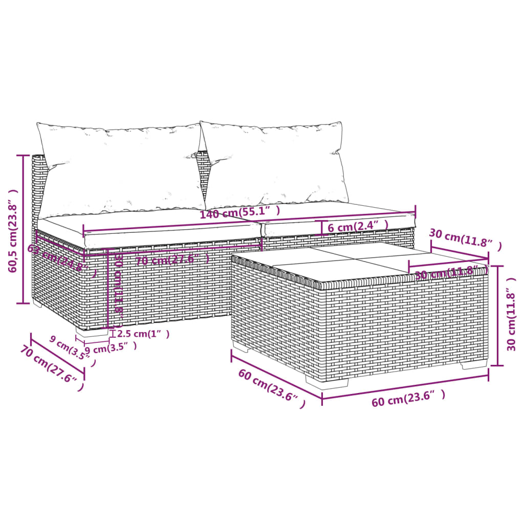 vidaXL Patio Furniture Set 3 Piece with Cushions Poly Rattan Brown-6