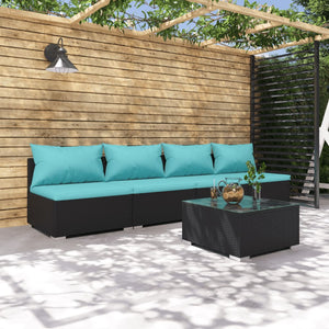 vidaXL Patio Furniture Set 5 Piece with Cushions Poly Rattan Black-0