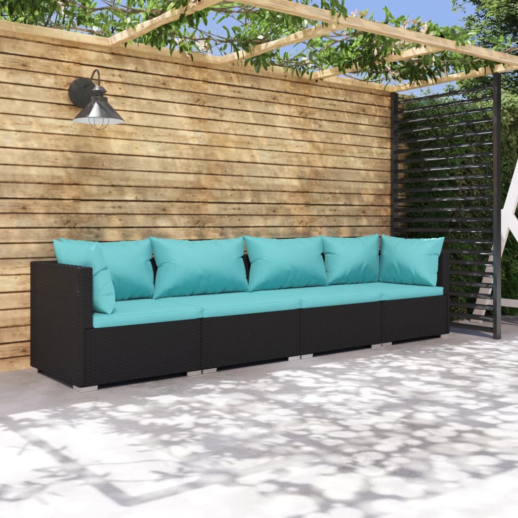 vidaXL Patio Furniture Set 4 Piece with Cushions Poly Rattan Black-0