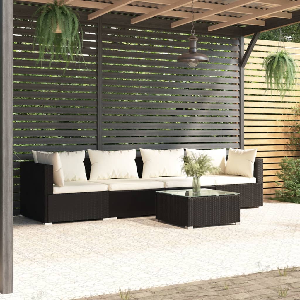 vidaXL Patio Furniture Set 5 Piece with Cushions Poly Rattan Black-0