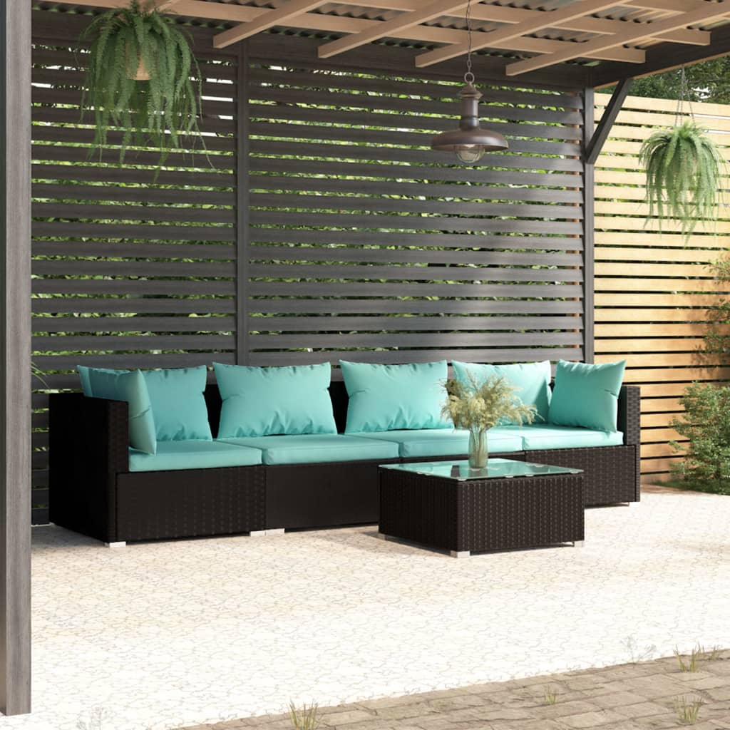 vidaXL Patio Furniture Set 5 Piece with Cushions Poly Rattan Black-0