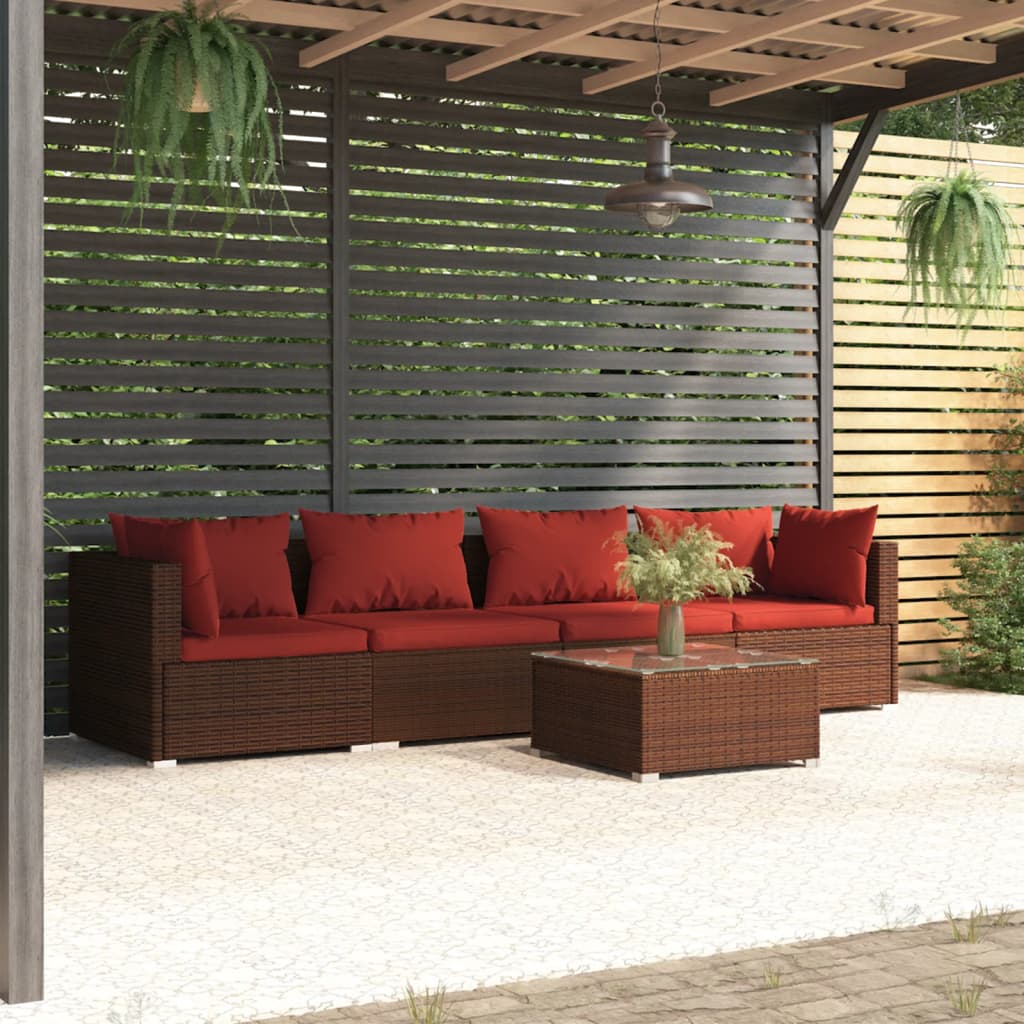 vidaXL Patio Furniture Set 5 Piece with Cushions Poly Rattan Brown-0