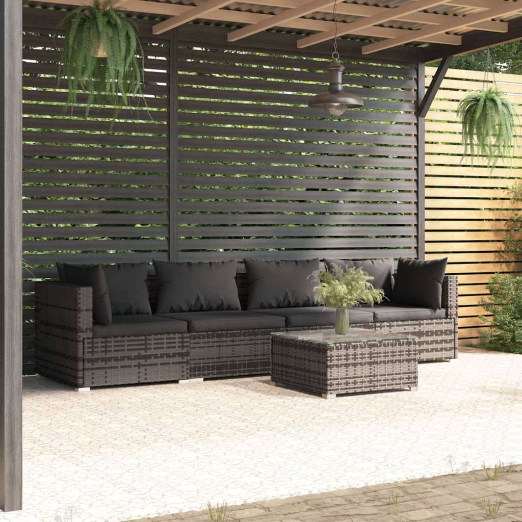 vidaXL Patio Furniture Set 5 Piece with Cushions Poly Rattan Gray-0