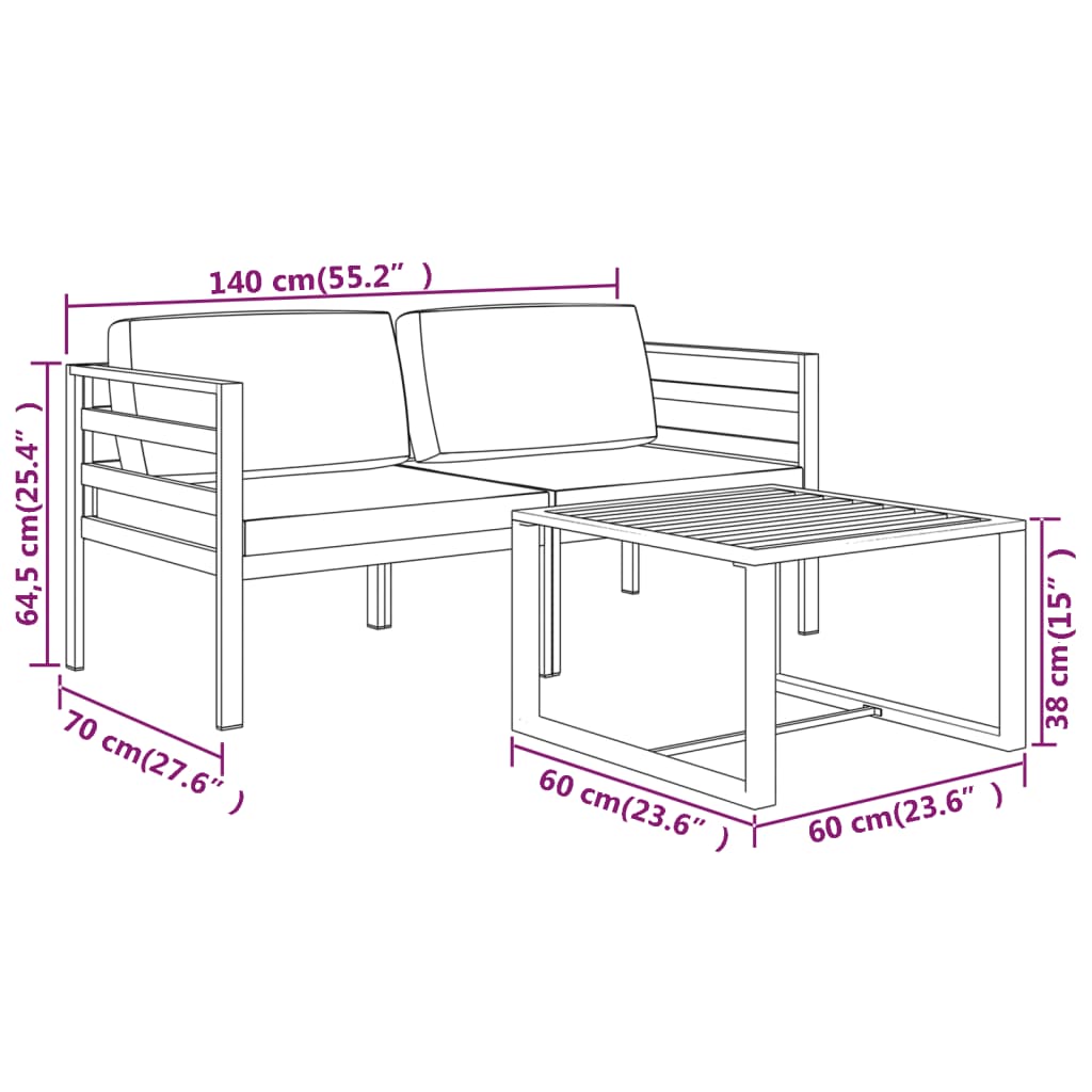 vidaXL 3 Piece Patio Lounge Set with Cushions Aluminum Anthracite-6