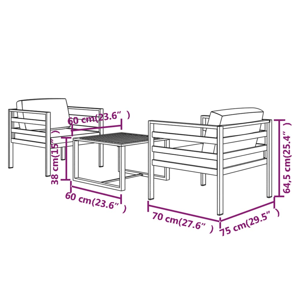 vidaXL 3 Piece Patio Lounge Set with Cushions Aluminum Anthracite-6