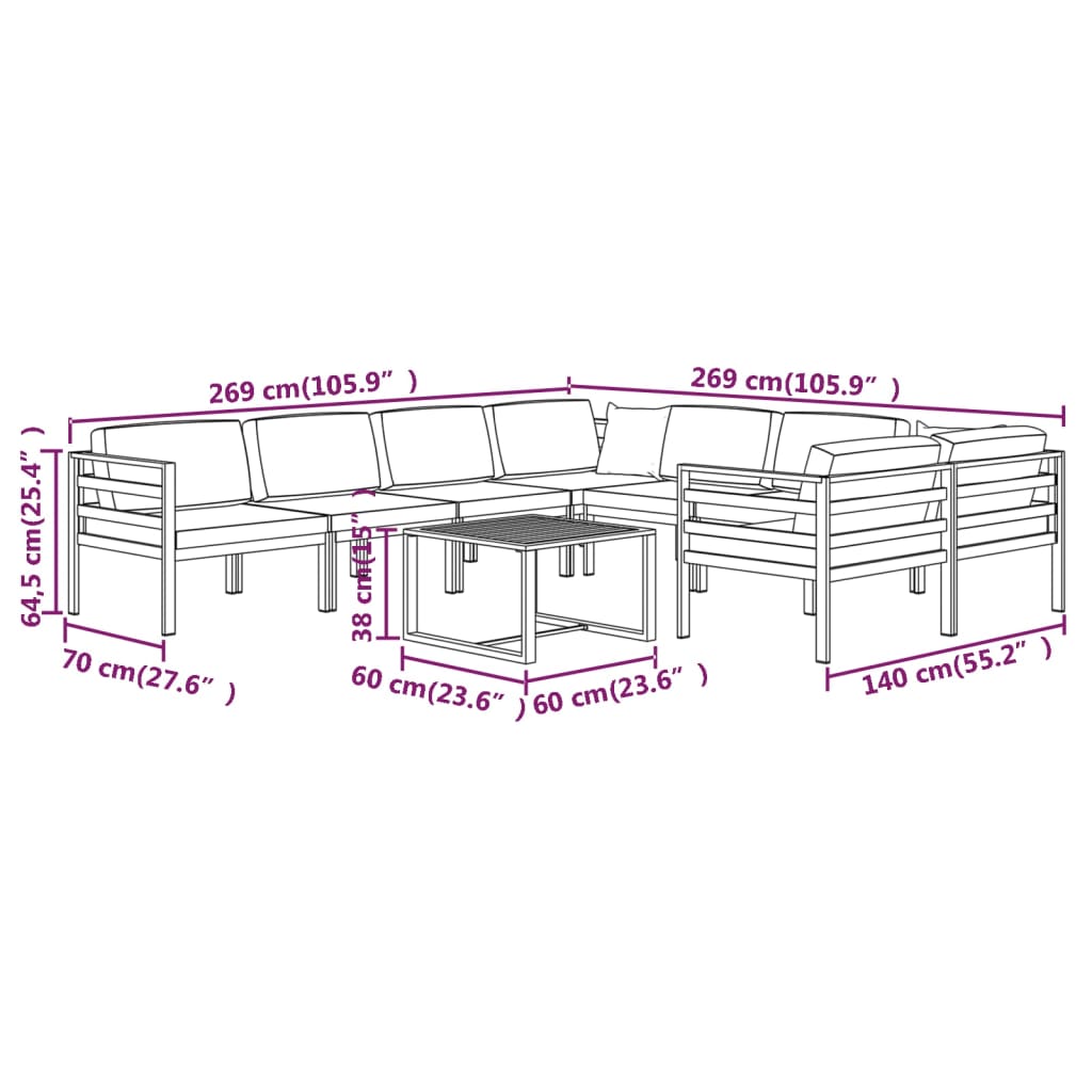 vidaXL 9 Piece Patio Lounge Set with Cushions Aluminum Anthracite-10