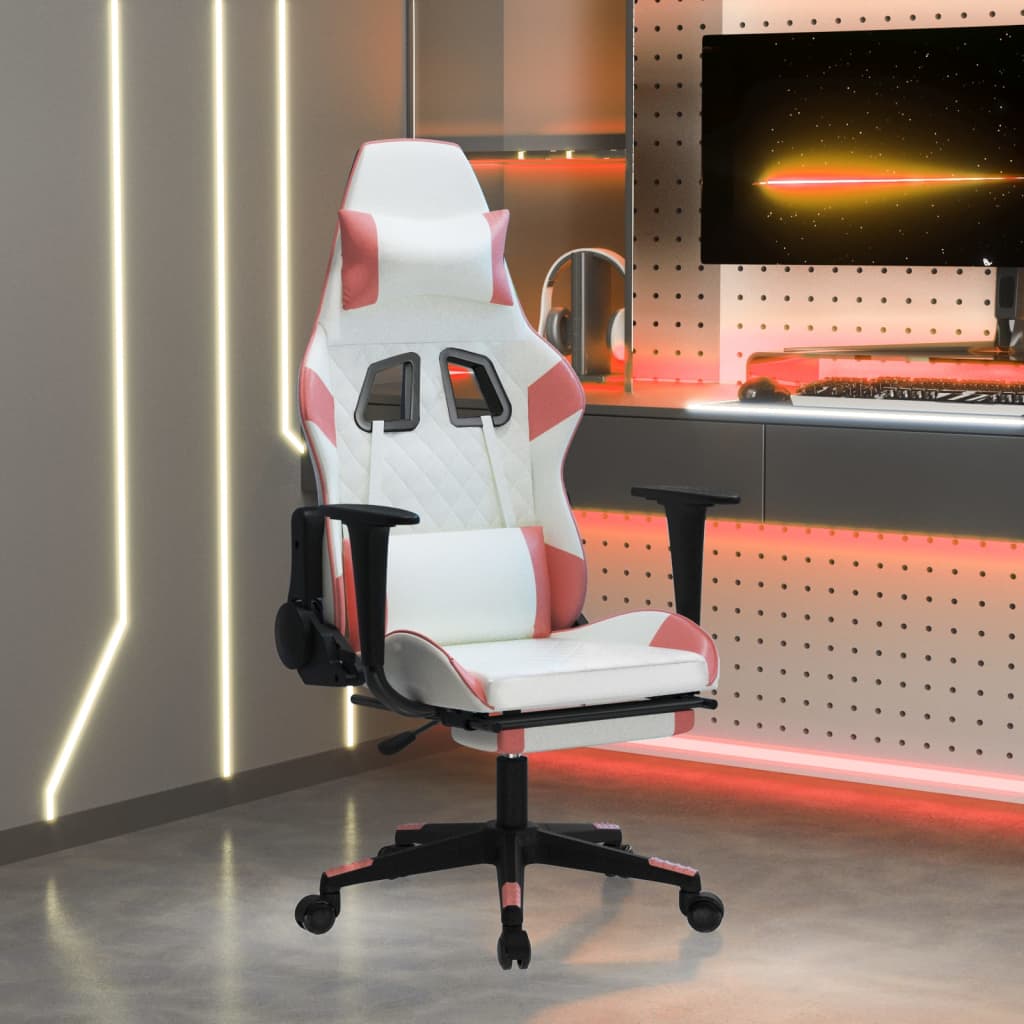 vidaXL Gaming Chair with Footrest White and Pink Faux Leather-0