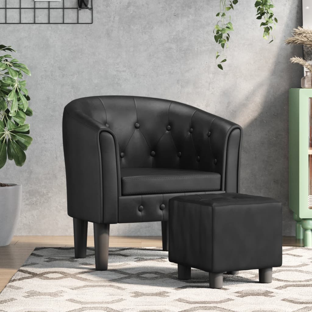 vidaXL Tub Chair with Footstool Black Faux Leather-0