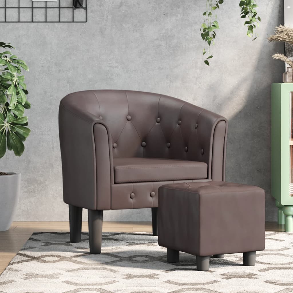 vidaXL Tub Chair with Footstool Brown Faux Leather-0