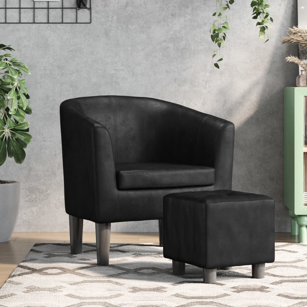 vidaXL Tub Chair with Footstool Black Faux Leather-0