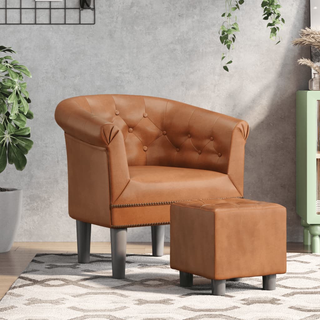 vidaXL Tub Chair with Footstool Brown Faux Leather-0