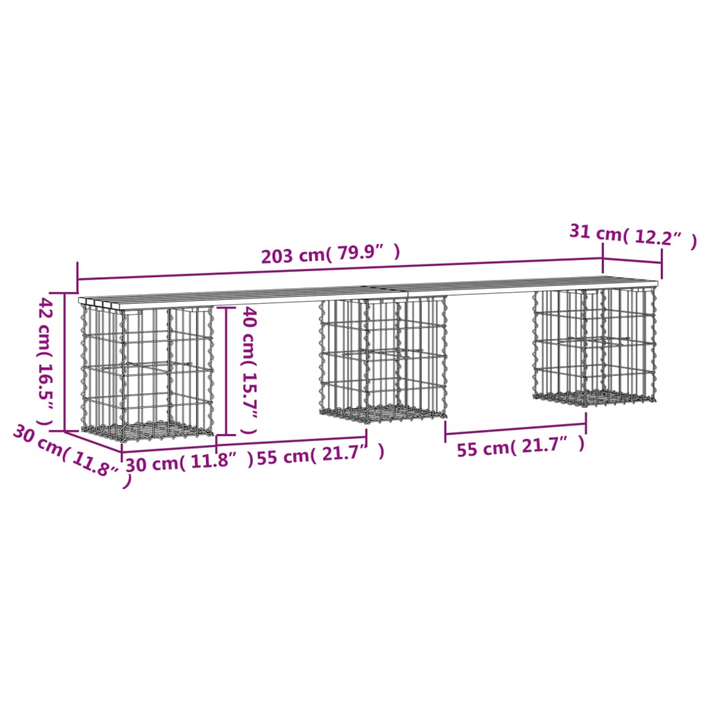 vidaXL Patio Bench Outdoor Park Bench Seating Gabion Design Solid Wood Pine-76