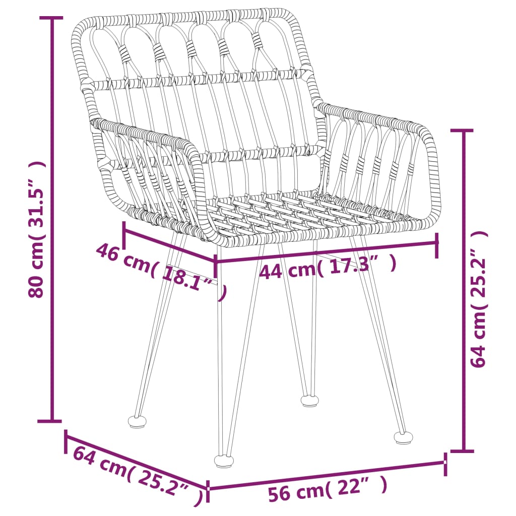 vidaXL Rattan Dining Chairs 2 Pcs Patio Wicker Chair with Armrest PE Rattan-12