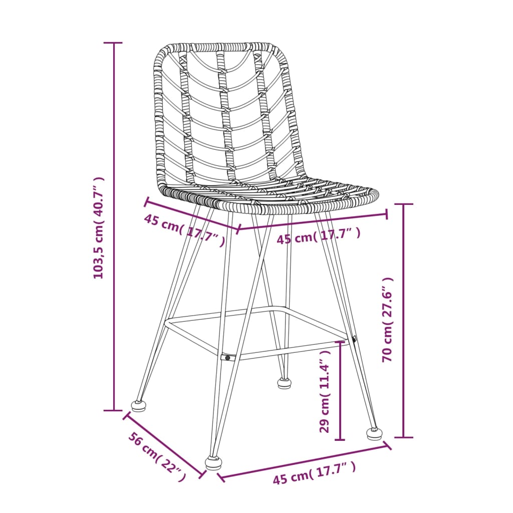 vidaXL Rattan Bar Stool 2 Pcs Stool with Back and Footrest PE Rattan and Steel-12