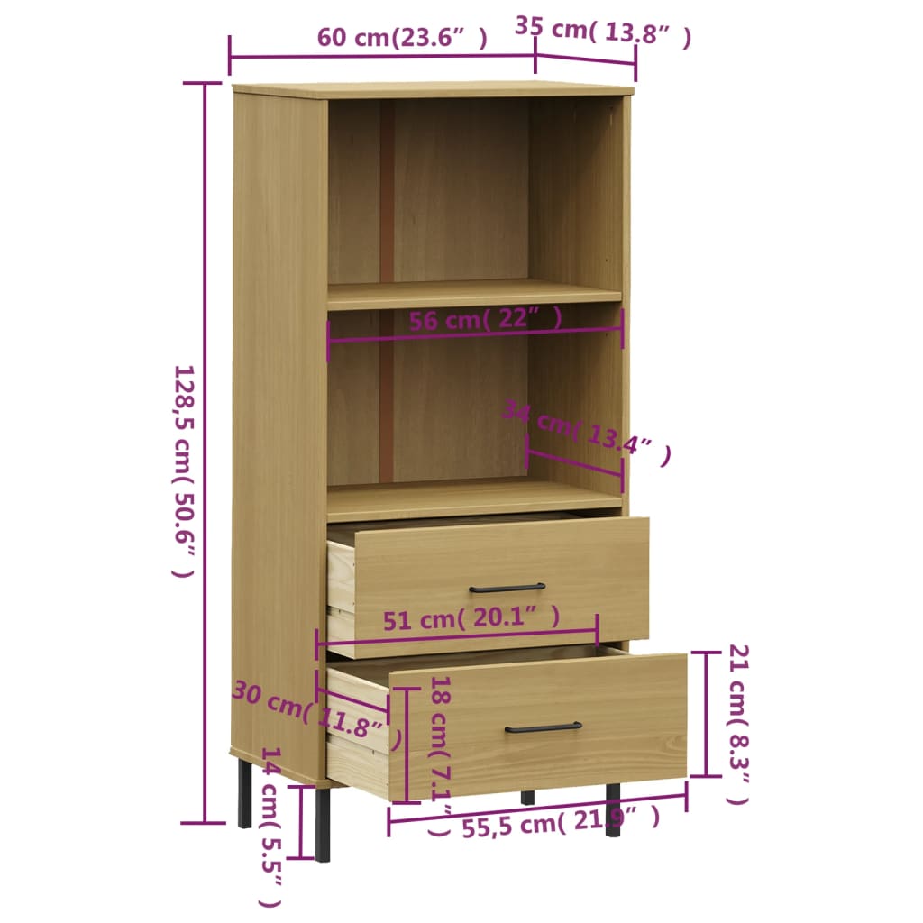 vidaXL Bookshelf Book Cabinet with 2 Drawers Storage Cabinet OSLO Solid Wood-23