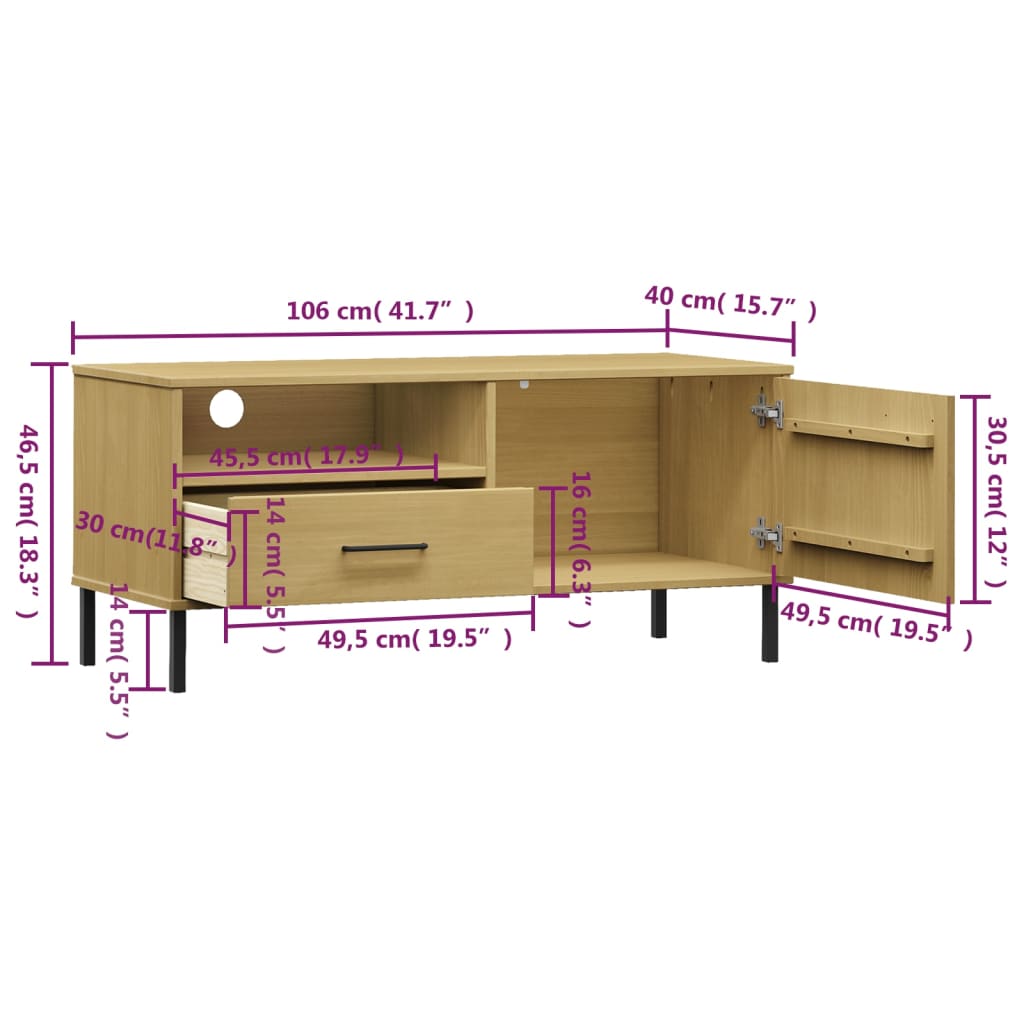 vidaXL TV Stand TV Console TV Console with Metal Legs Solid Wood Pine OSLO-11