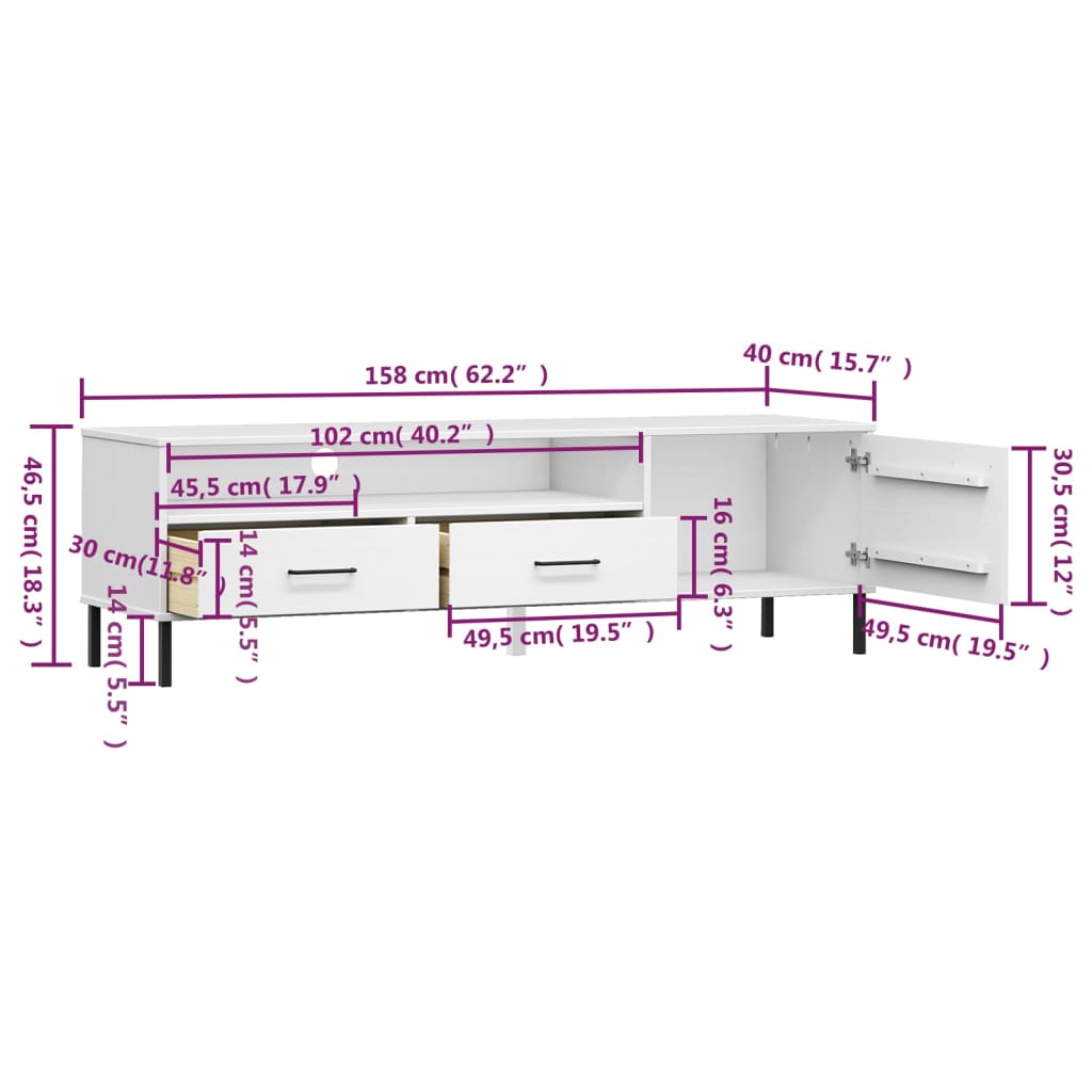 vidaXL TV Stand TV Console TV Console with Metal Legs Solid Wood Pine OSLO-17