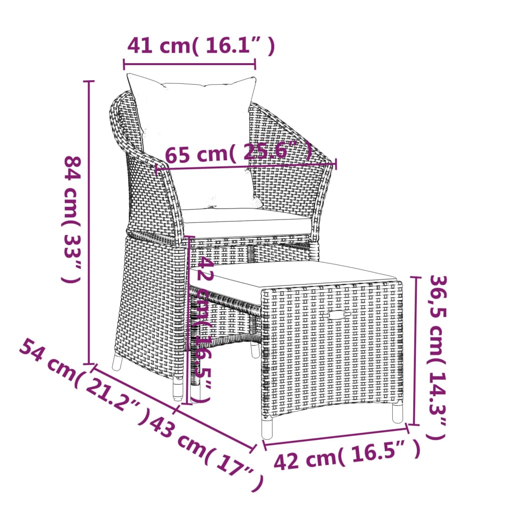 vidaXL Patio Furniture Set 2 Piece Lounge Chair with Cushions Poly Rattan-25