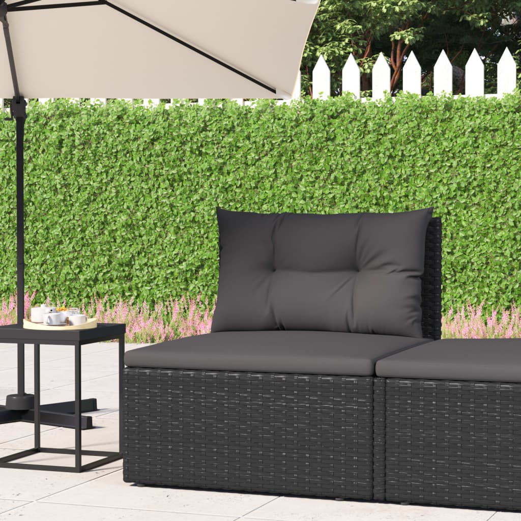 vidaXL Patio Middle Sofa with Cushions Black Poly Rattan-0