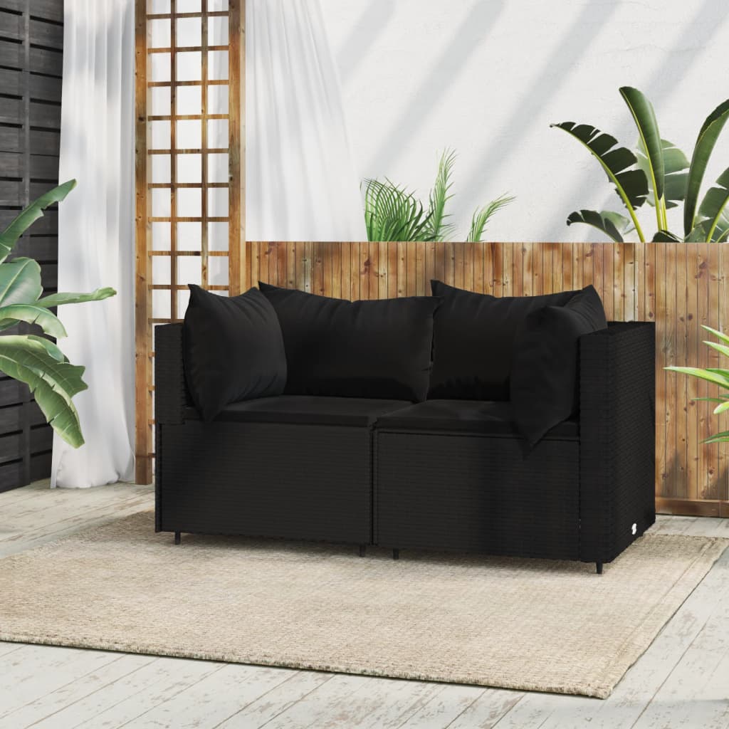 vidaXL Patio Corner Sofas with Cushions 2 pcs Black Poly Rattan-0