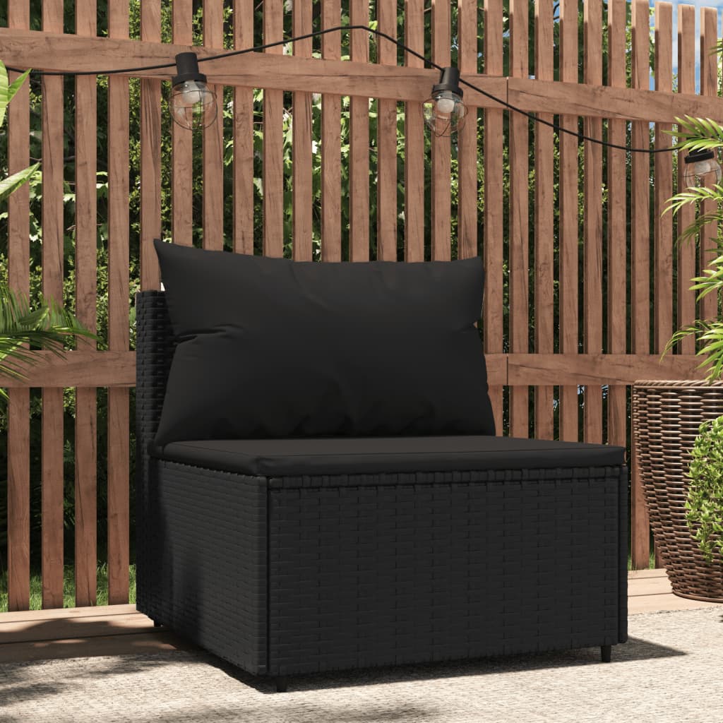 vidaXL Patio Middle Sofa with Cushions Black Poly Rattan-0