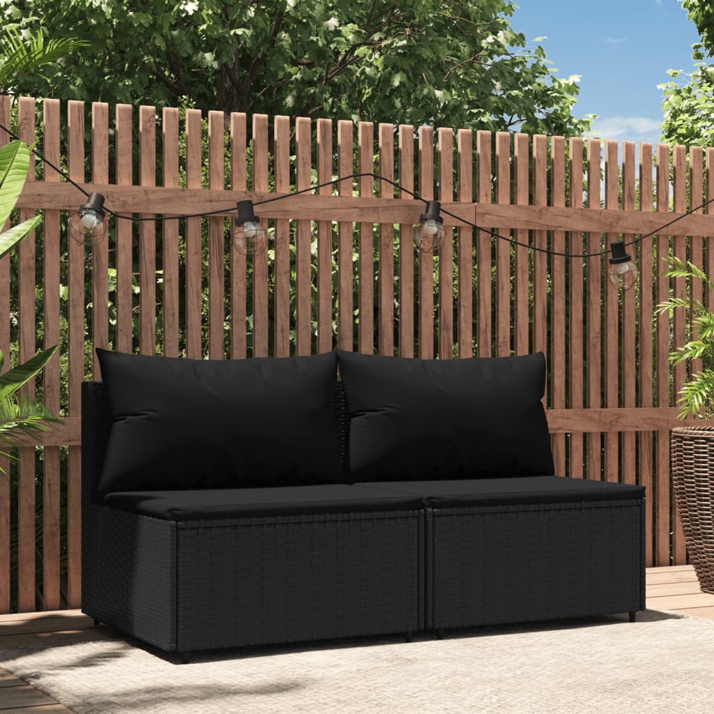 vidaXL Patio Middle Sofas with Cushions 2 pcs Black Poly Rattan-0